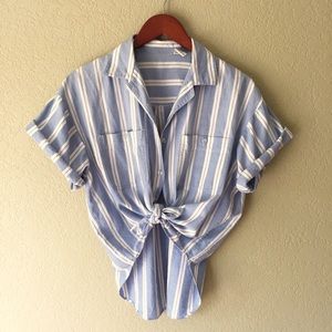 VINTAGE Blue Striped Button Down Tie Shirt